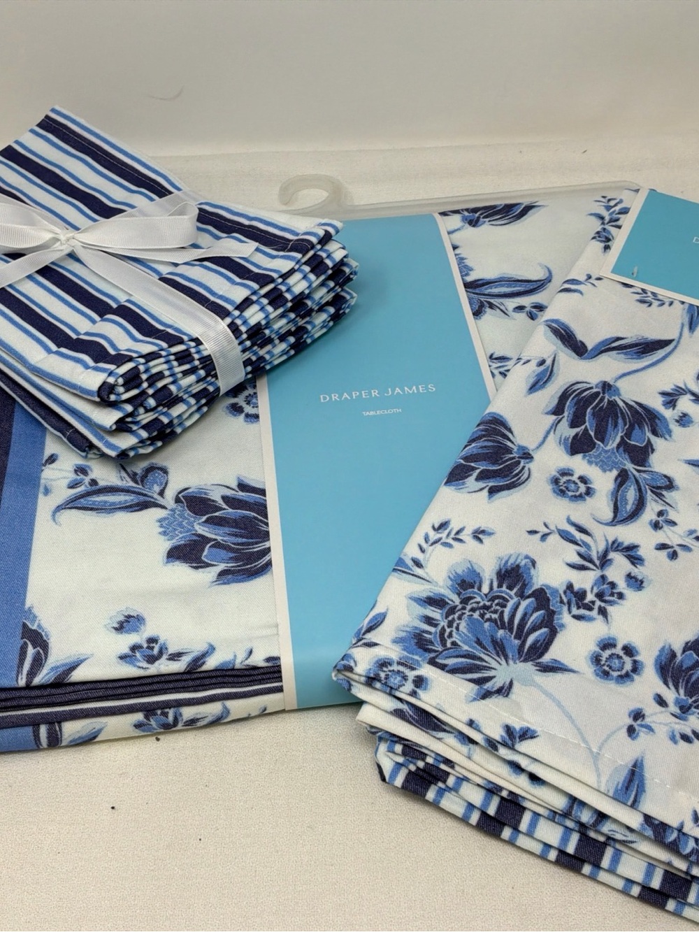 Draper James  Blue & White Floral Fabric Tablecloth, Napkins & Kitchen Towels